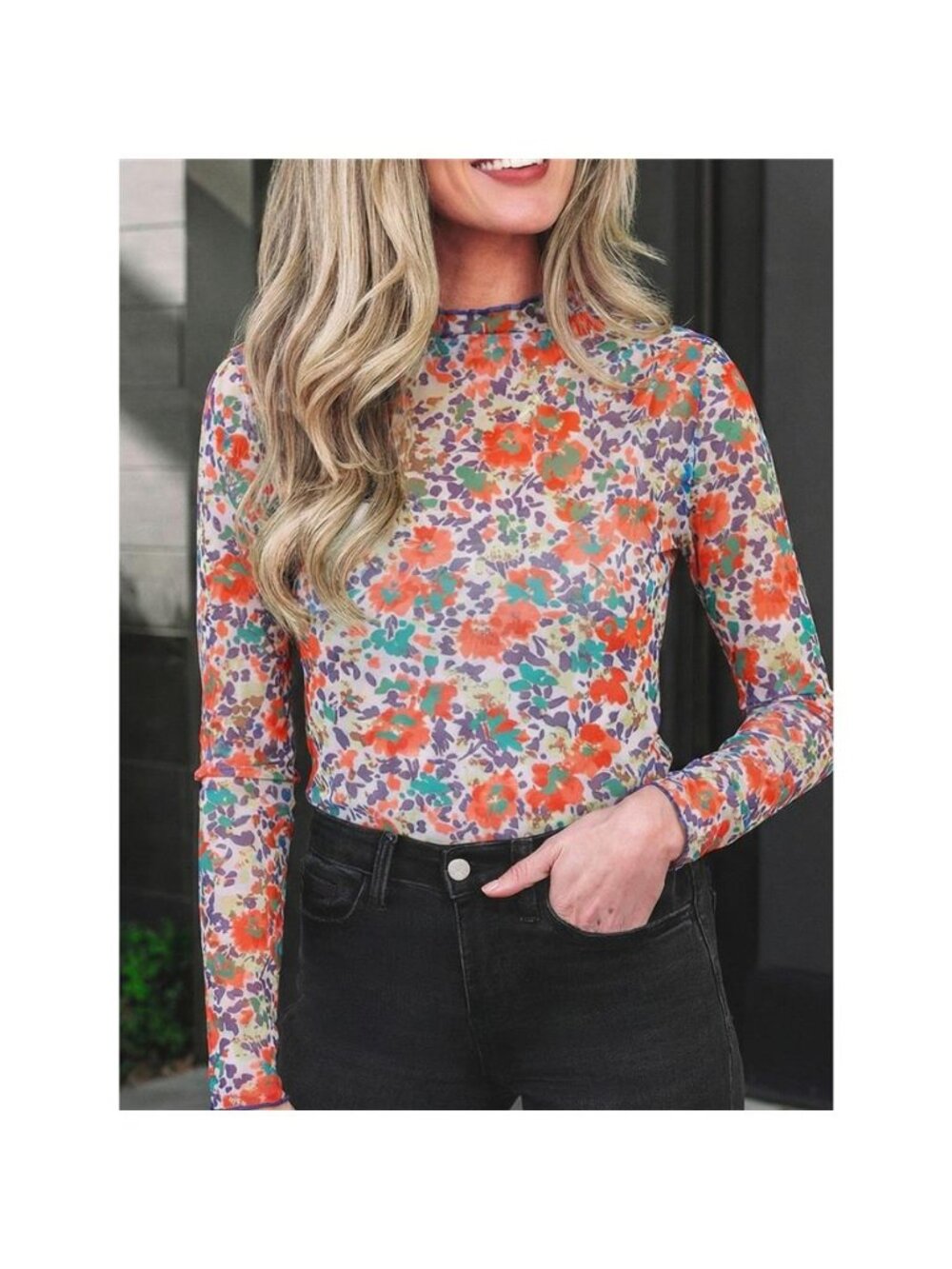 Floral Print Sheer Mesh Long Sleeve Mock Neck Top